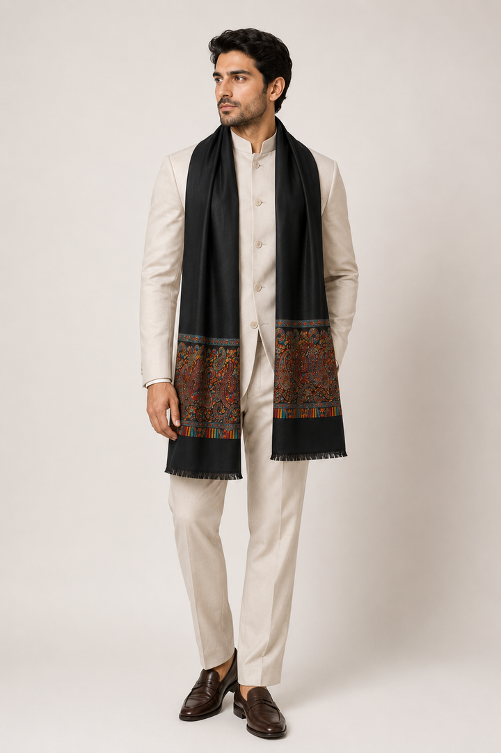 Black Cashmere Wool Stole with Woven Paisley Border