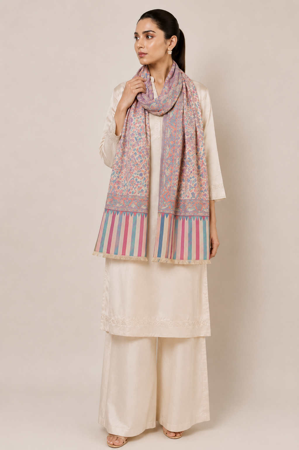 Multicolour Cashmere Wool Stole with Pastel Paisley Weave