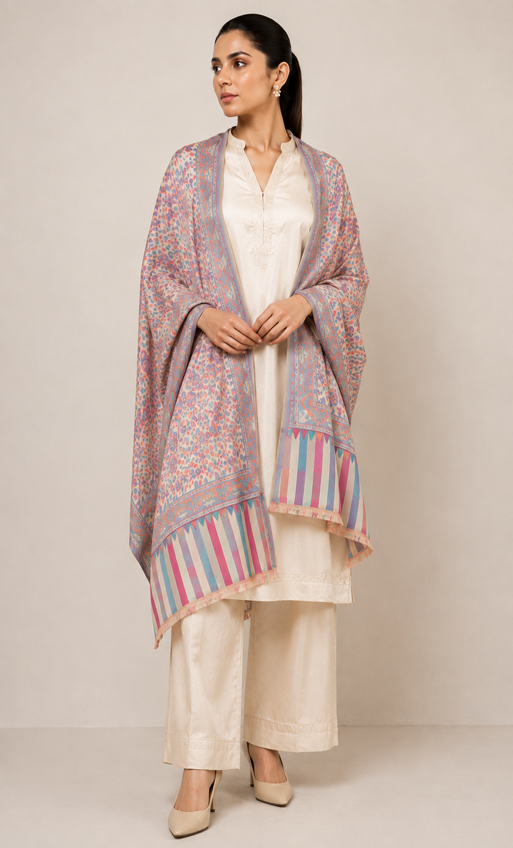 Multicolour Cashmere Wool Stole with Pastel Paisley Weave