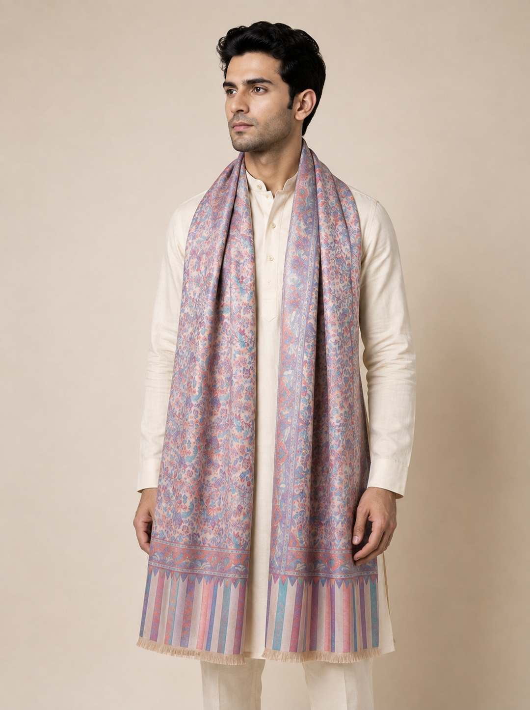 Multicolour Cashmere Wool Stole with Pastel Paisley Weave