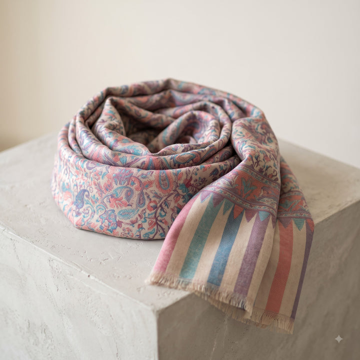 Multicolour Cashmere Wool Stole with Pastel Paisley Weave