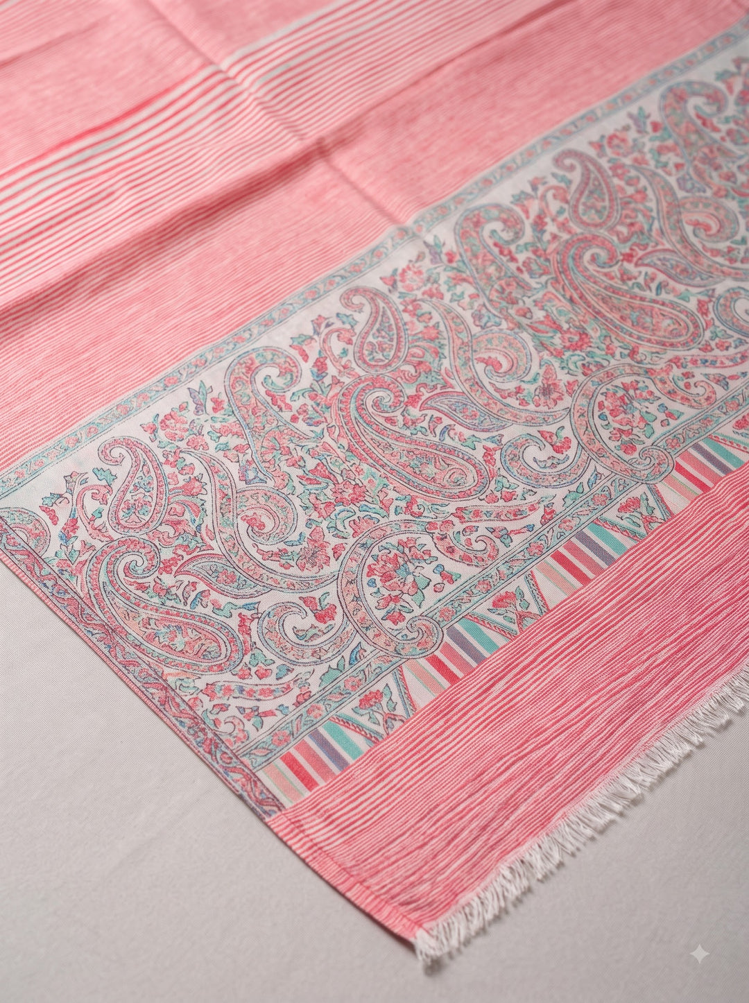 Coral Pink Cashmere Wool Stole with Woven Paisley Border