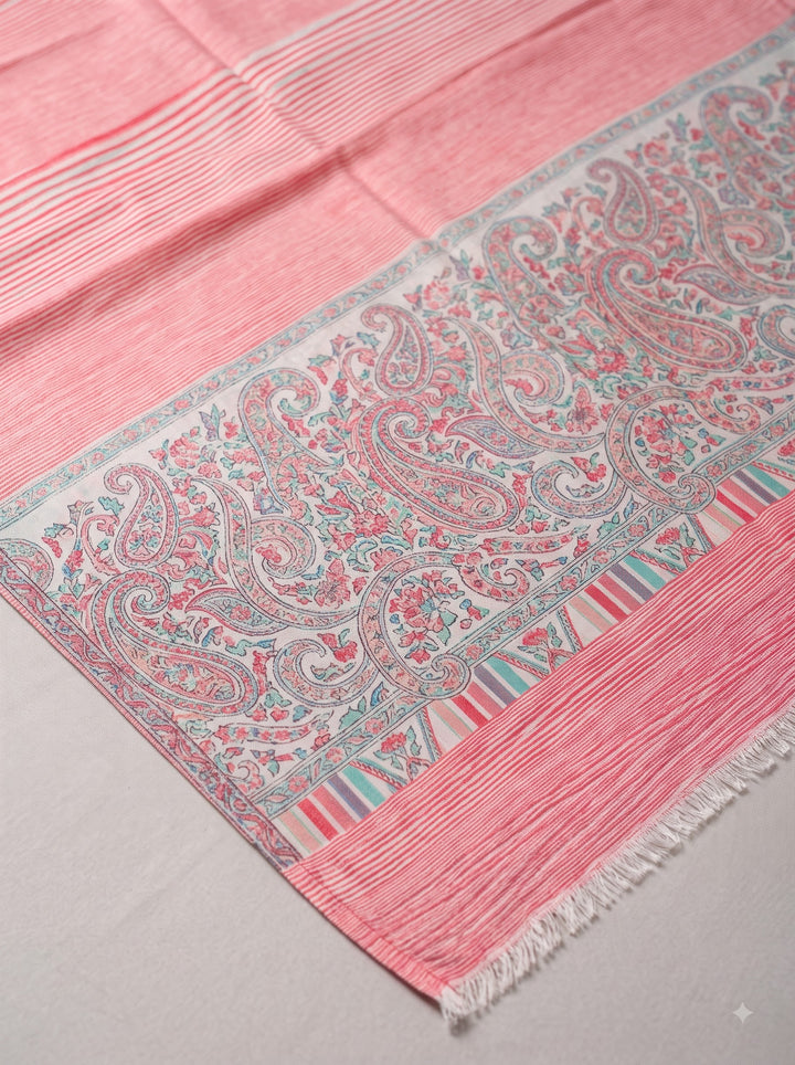 Coral Pink Cashmere Wool Stole with Woven Paisley Border