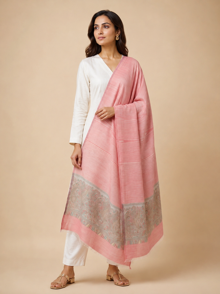 Coral Pink Cashmere Wool Stole with Woven Paisley Border