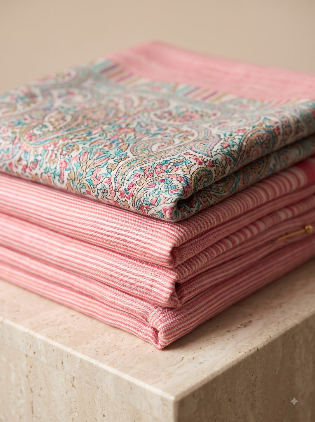 Coral Pink Cashmere Wool Stole with Woven Paisley Border