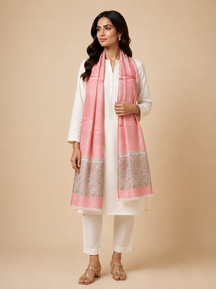 Coral Pink Cashmere Wool Stole with Woven Paisley Border