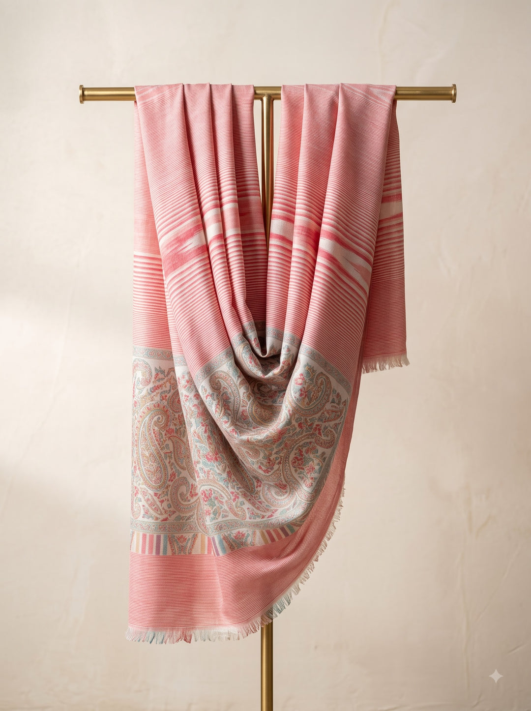 Coral Pink Cashmere Wool Stole with Woven Paisley Border
