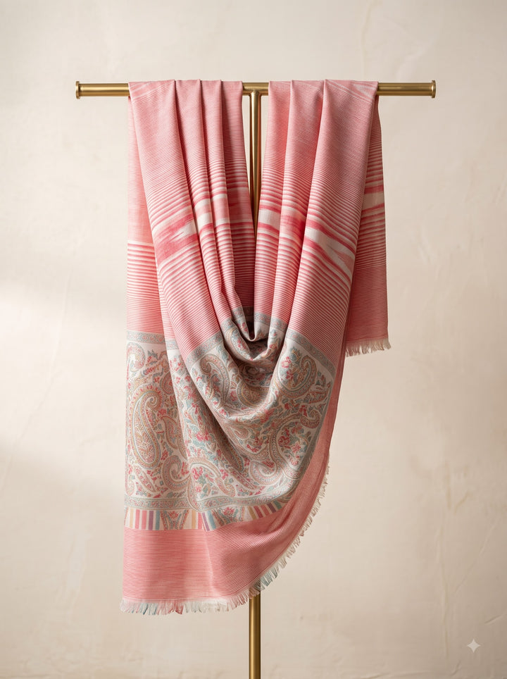 Coral Pink Cashmere Wool Stole with Woven Paisley Border