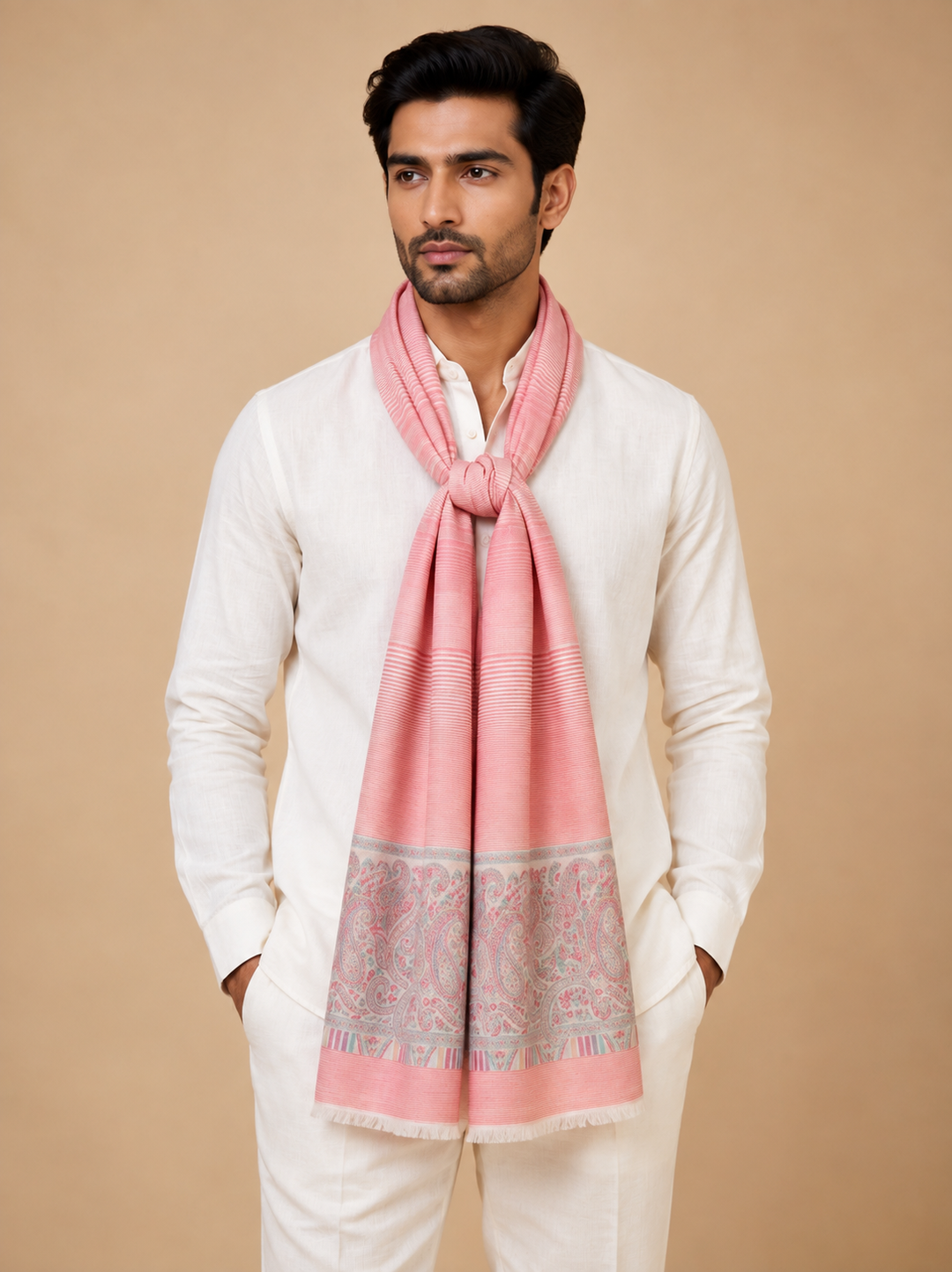 Coral Pink Cashmere Wool Stole with Woven Paisley Border