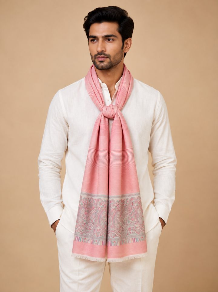 Coral Pink Cashmere Wool Stole with Woven Paisley Border