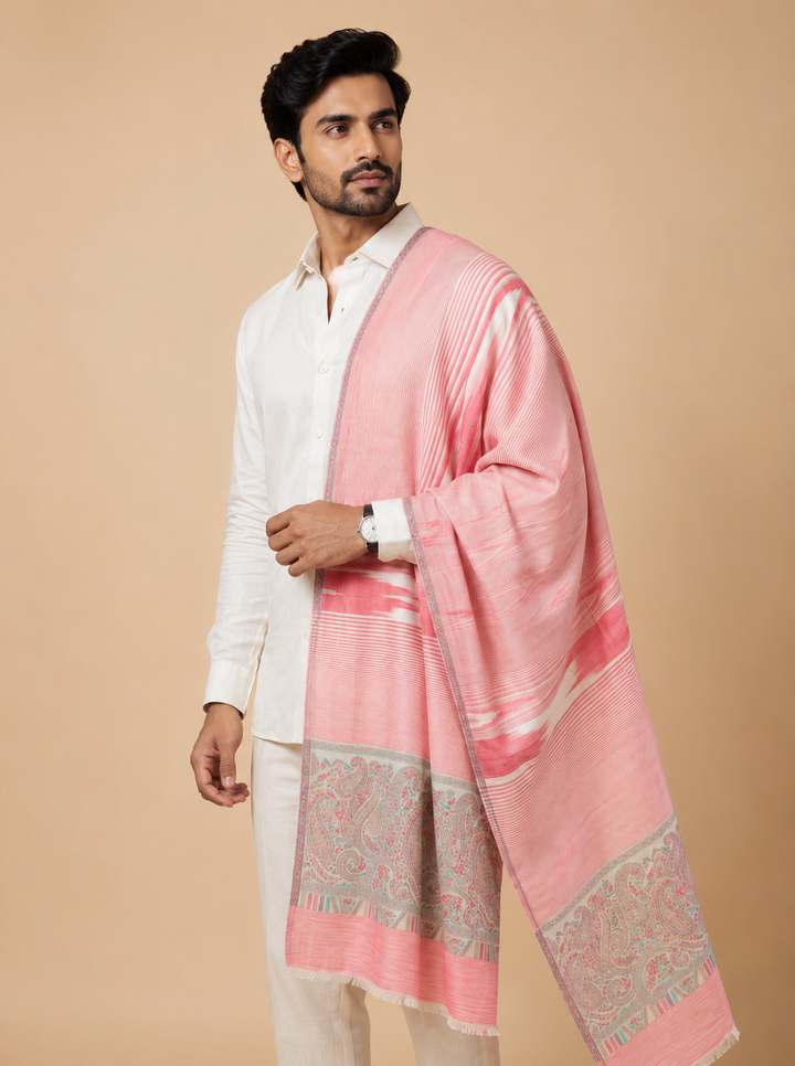 Coral Pink Cashmere Wool Stole with Woven Paisley Border