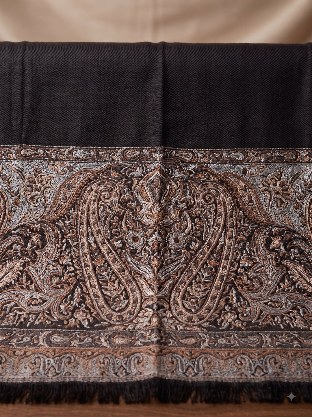 Black Cashmere Wool Shawl with Woven Paisley Border