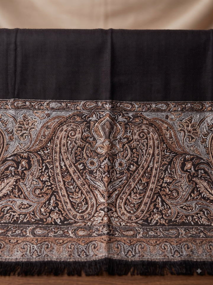 Black Cashmere Wool Shawl with Woven Paisley Border