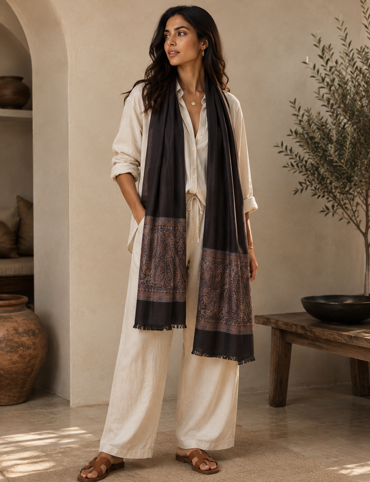 Black Cashmere Wool Shawl with Woven Paisley Border