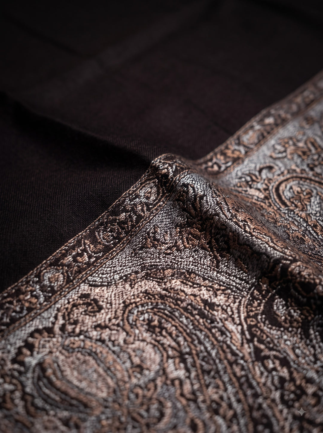 Black Cashmere Wool Shawl with Woven Paisley Border