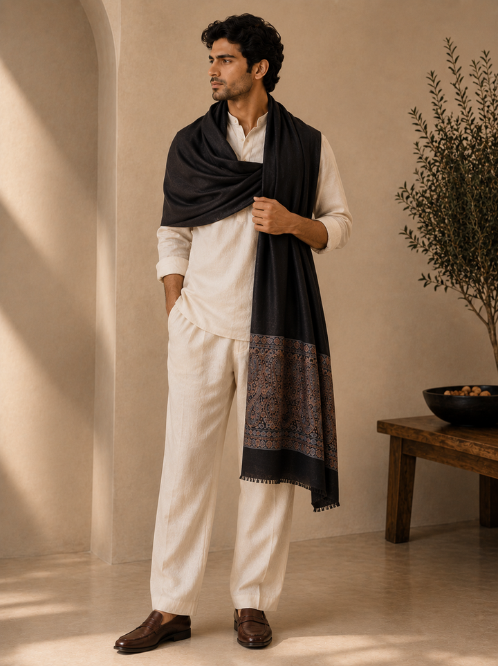 Black Cashmere Wool Shawl with Woven Paisley Border