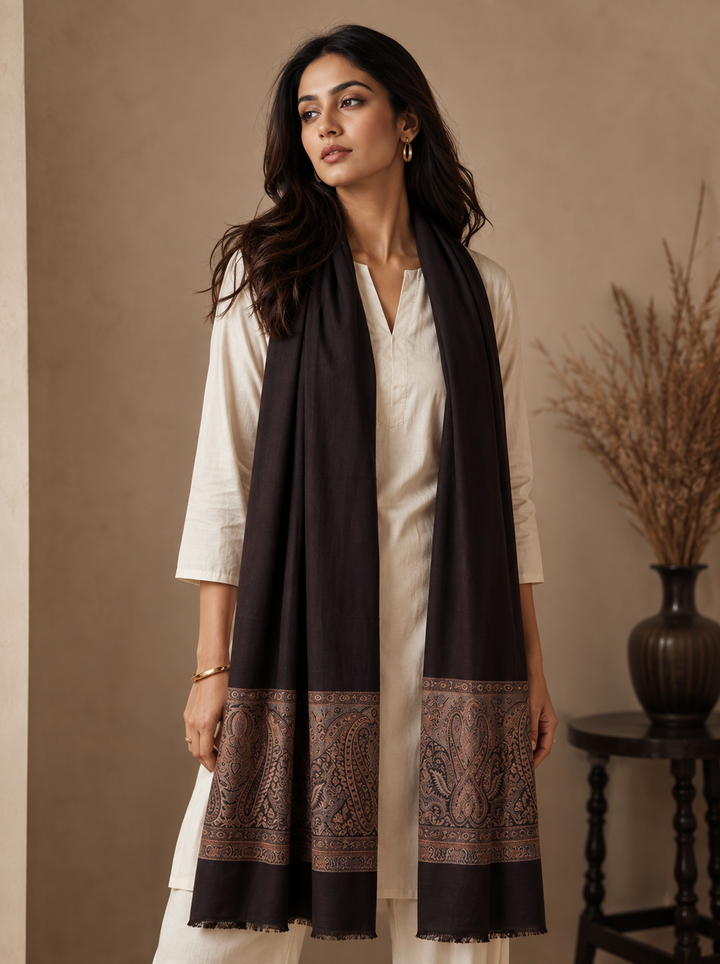 Black Cashmere Wool Shawl with Woven Paisley Border