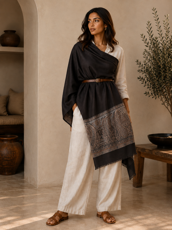 Black Cashmere Wool Shawl with Woven Paisley Border