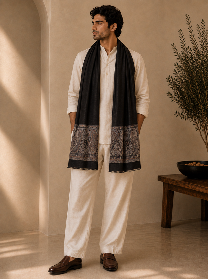 Black Cashmere Wool Shawl with Woven Paisley Border