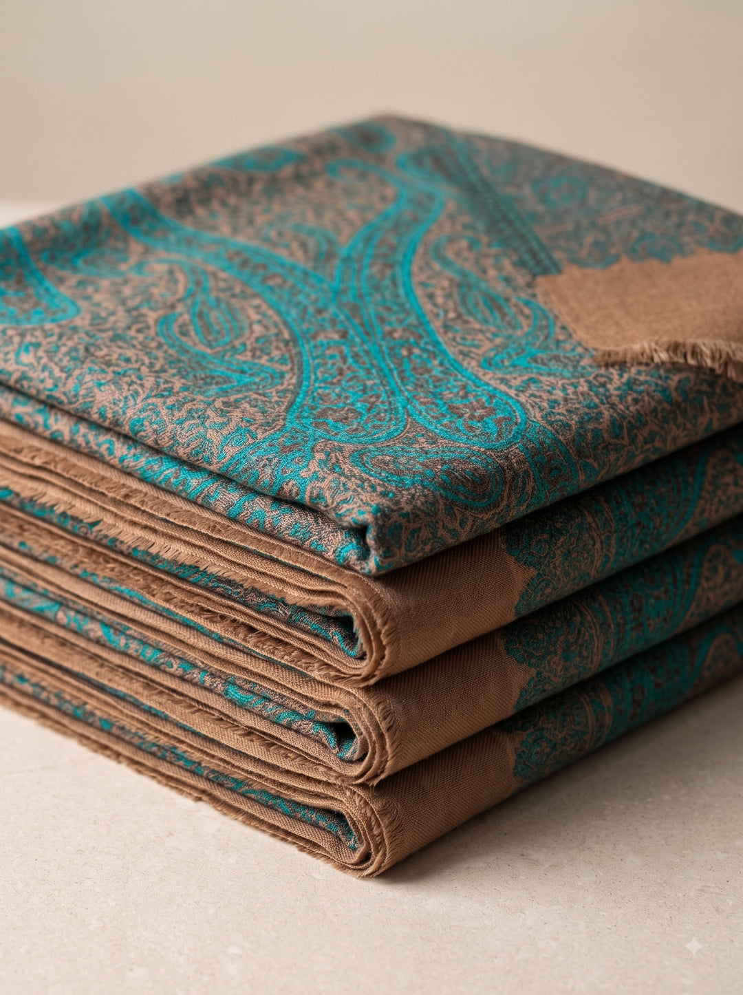 Beige Cashmere Wool Shawl with Turquoise Paisley Jamawar