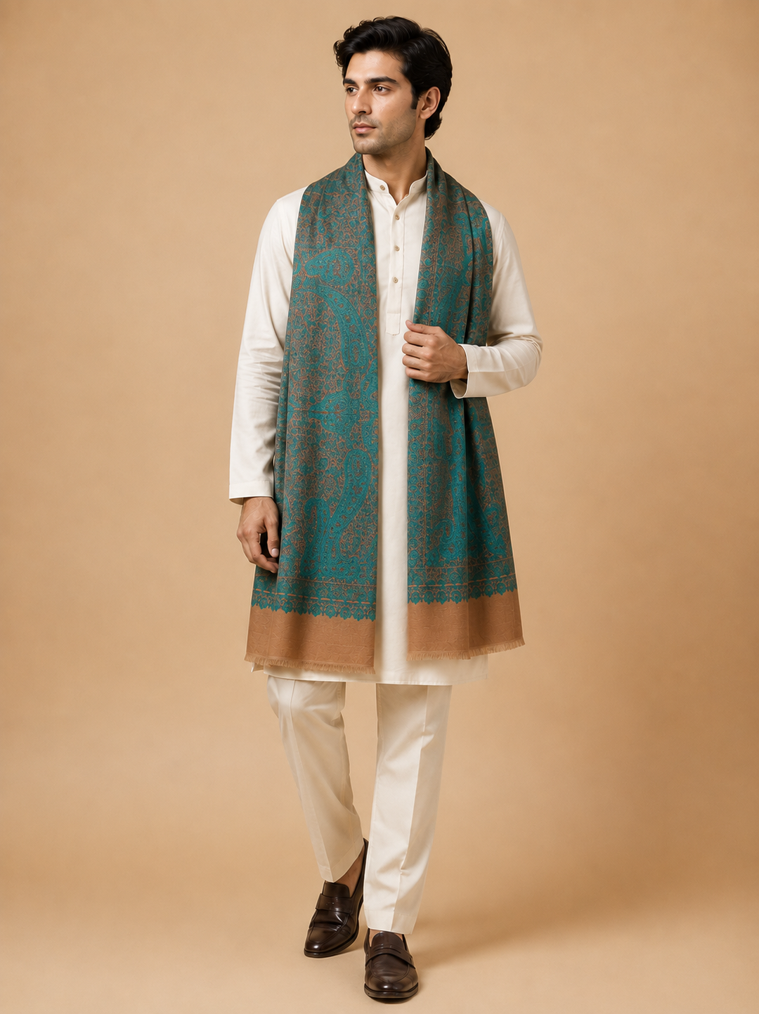 Beige Cashmere Wool Shawl with Turquoise Paisley Jamawar