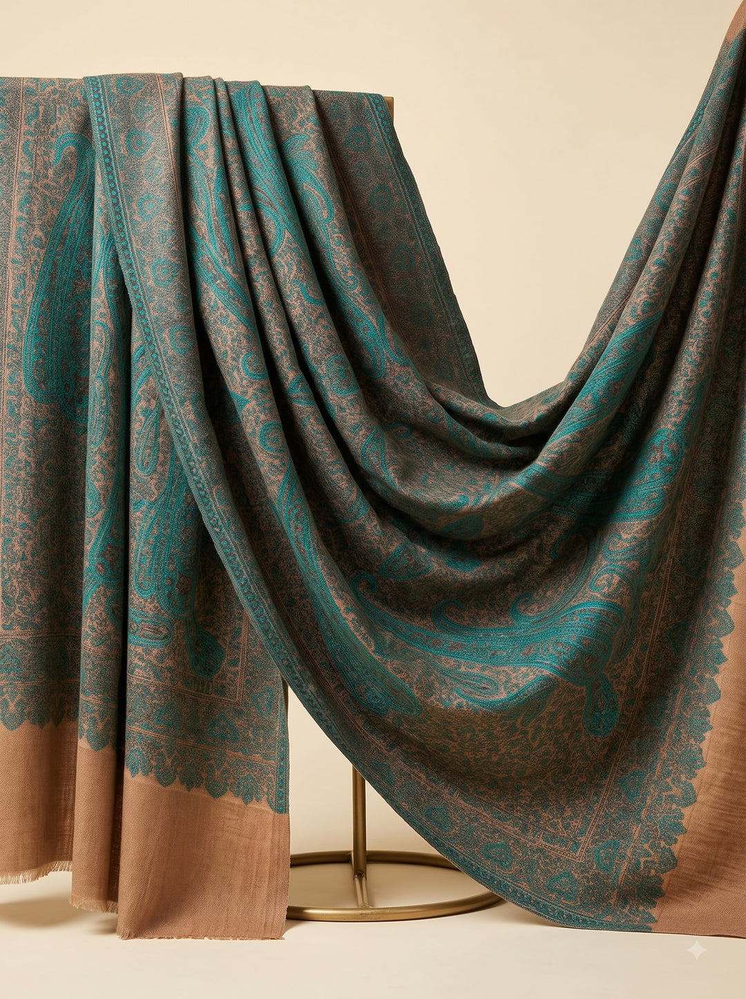 Beige Cashmere Wool Shawl with Turquoise Paisley Jamawar