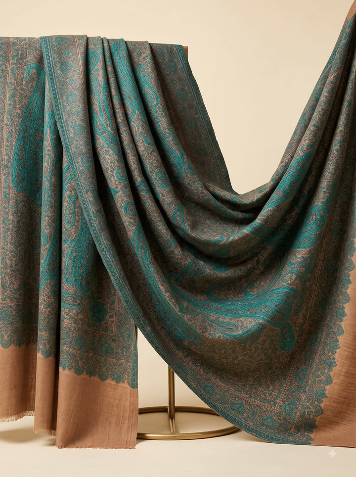 Beige Cashmere Wool Shawl with Turquoise Paisley Jamawar