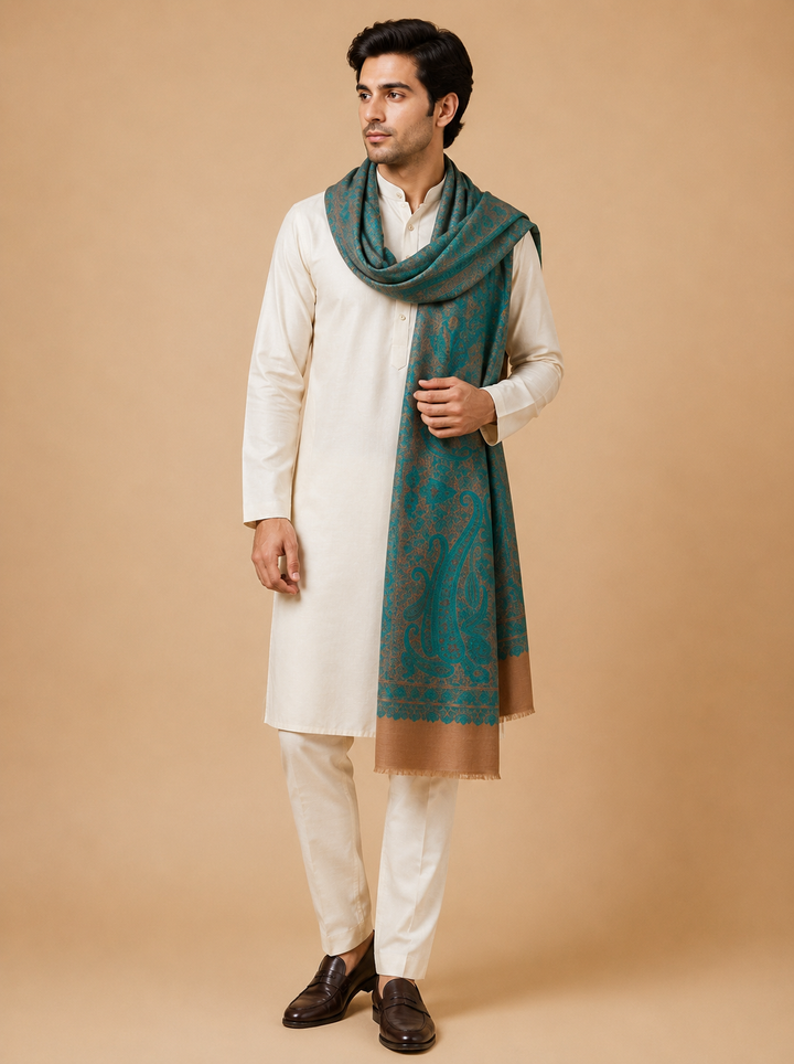 Beige Cashmere Wool Shawl with Turquoise Paisley Jamawar