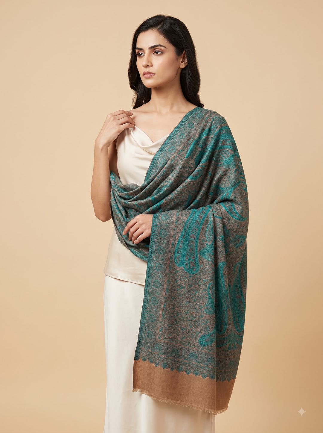 Beige Cashmere Wool Shawl with Turquoise Paisley Jamawar