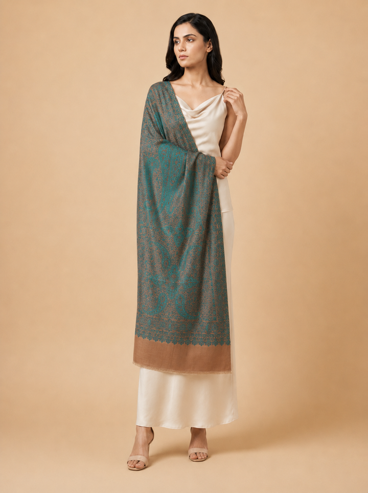 Beige Cashmere Wool Shawl with Turquoise Paisley Jamawar