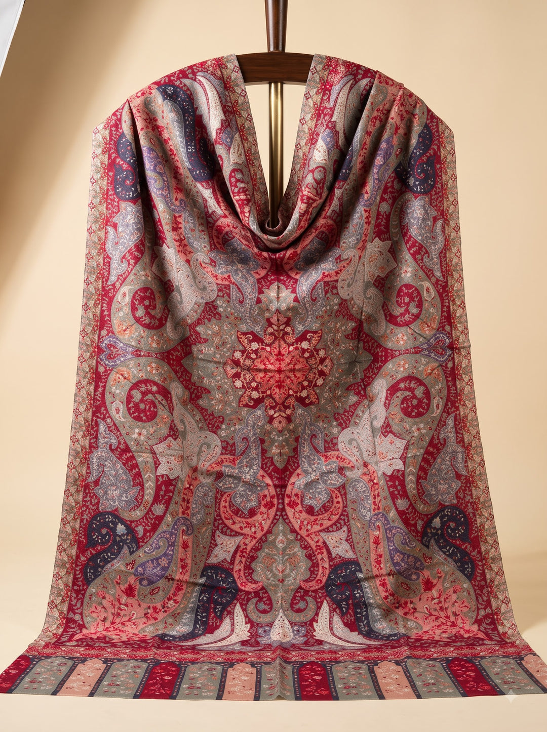 Red Cashmere Wool Shawl with Grand Multicolour Paisley