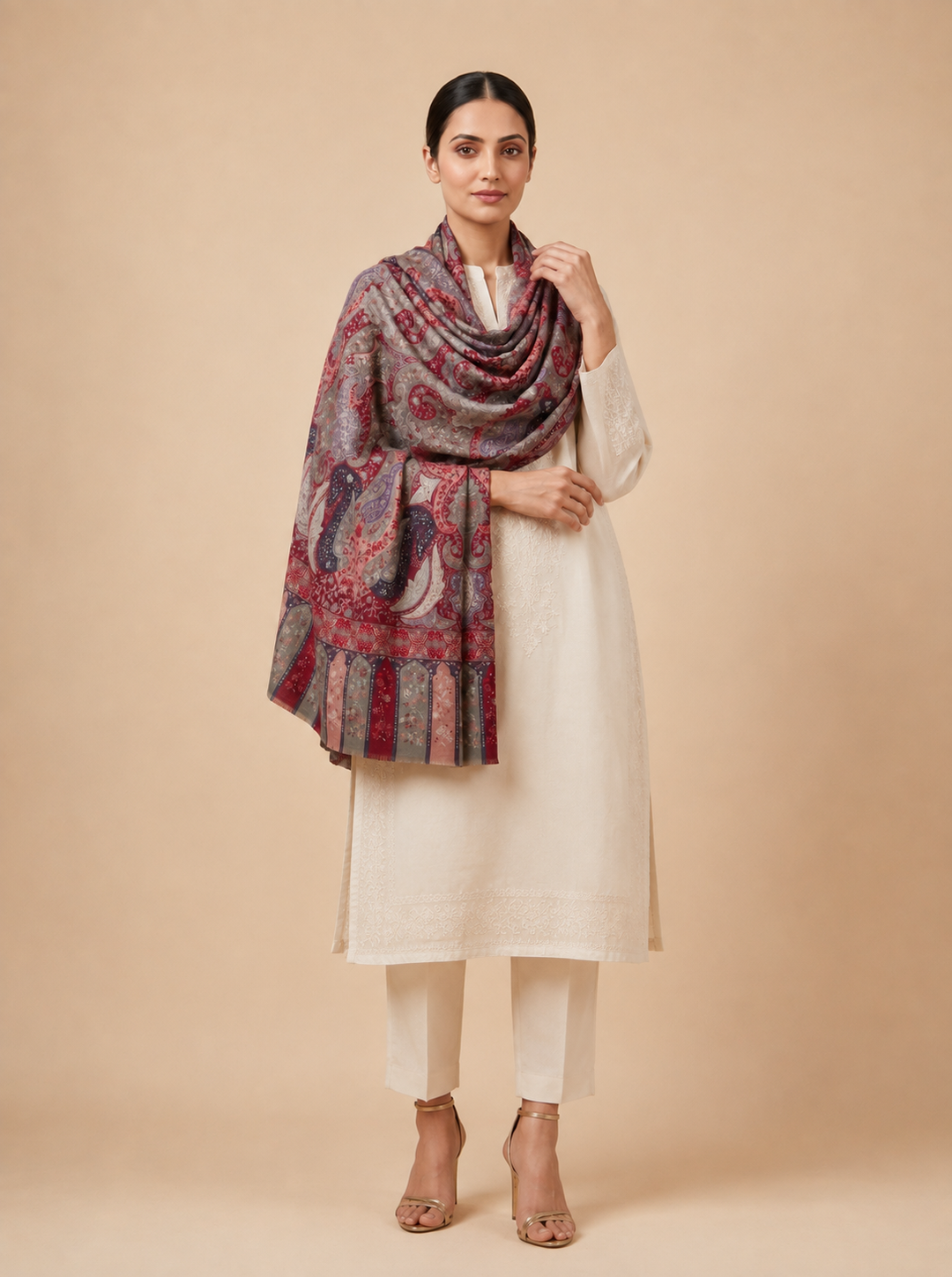 Red Cashmere Wool Shawl with Grand Multicolour Paisley