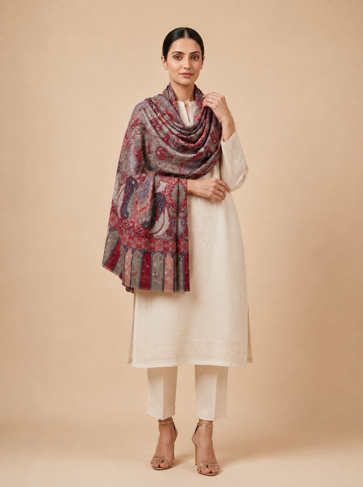 Red Cashmere Wool Shawl with Grand Multicolour Paisley
