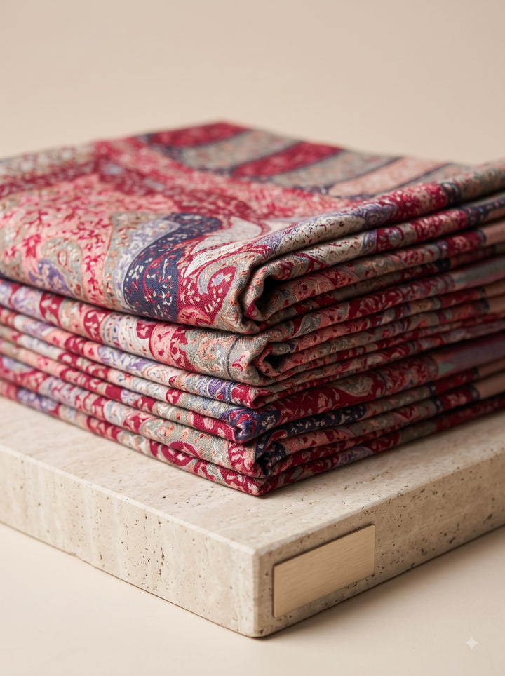 Red Cashmere Wool Shawl with Grand Multicolour Paisley