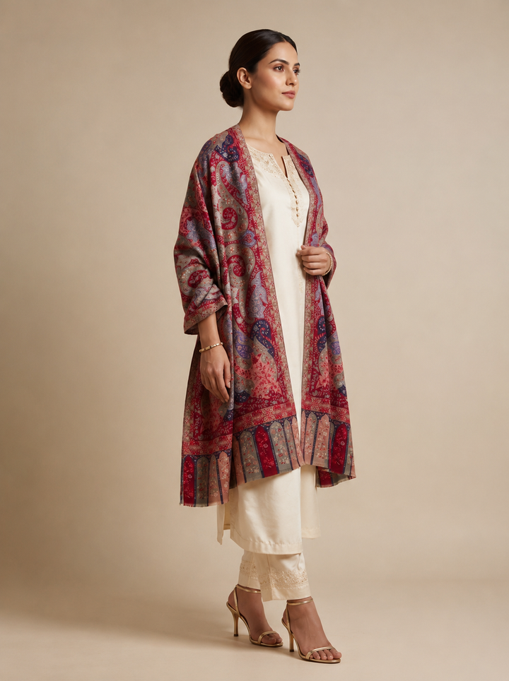 Red Cashmere Wool Shawl with Grand Multicolour Paisley