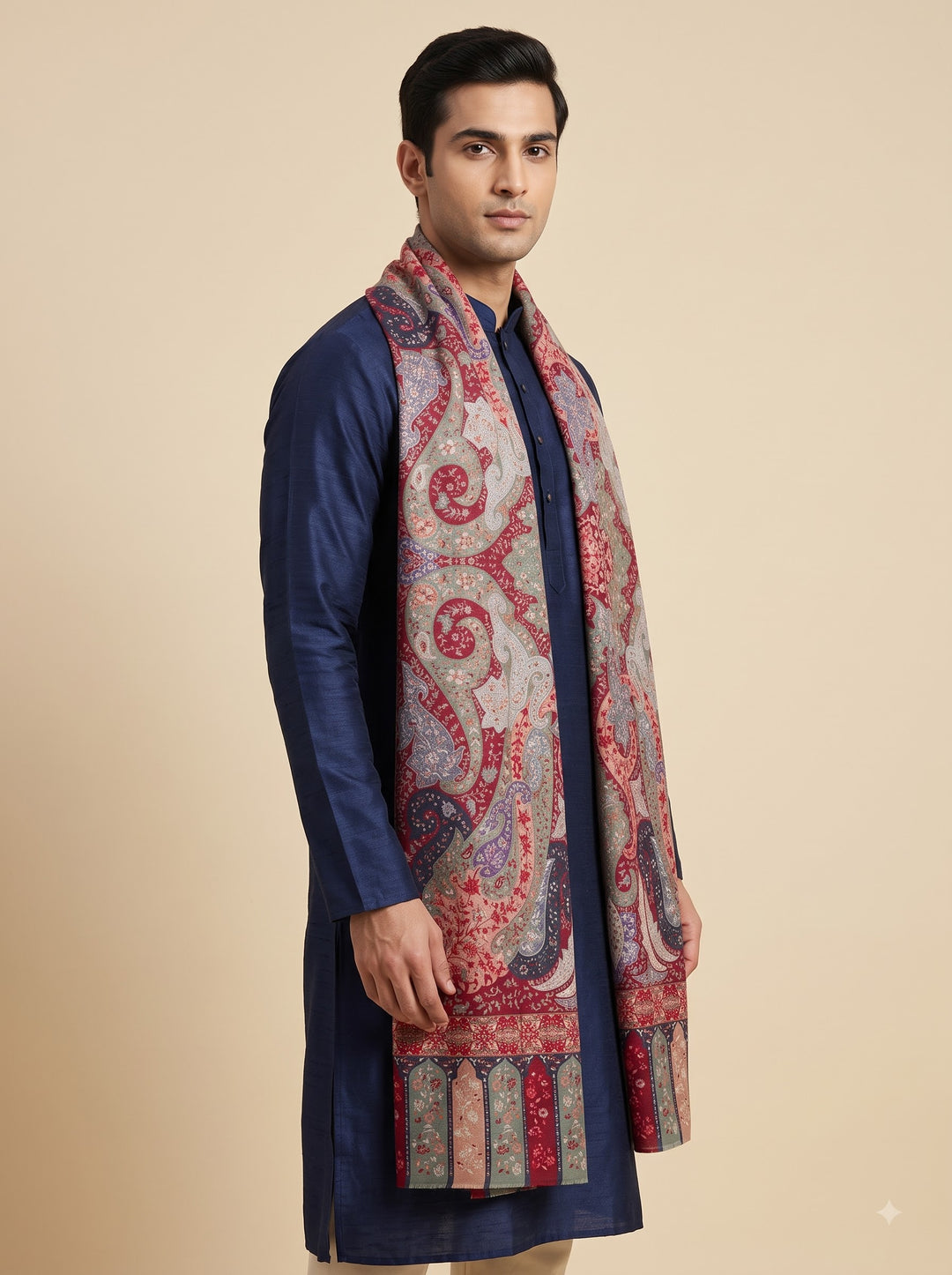 Red Cashmere Wool Shawl with Grand Multicolour Paisley