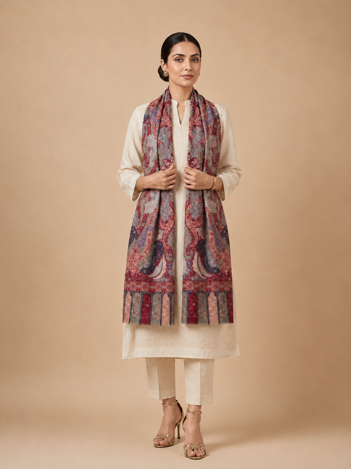 Red Cashmere Wool Shawl with Grand Multicolour Paisley