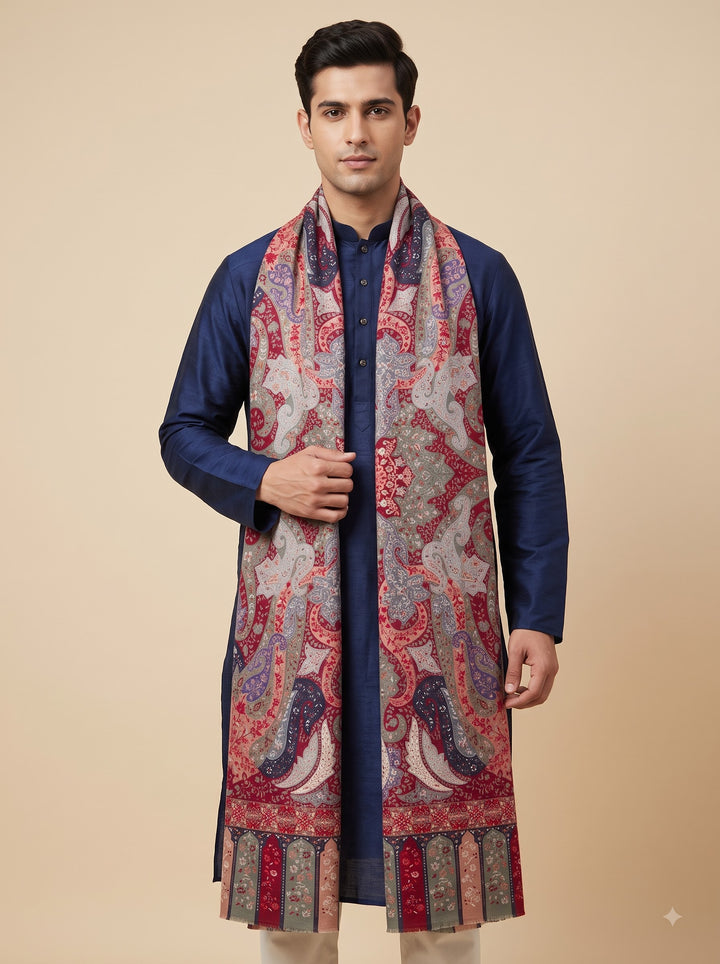 Red Cashmere Wool Shawl with Grand Multicolour Paisley