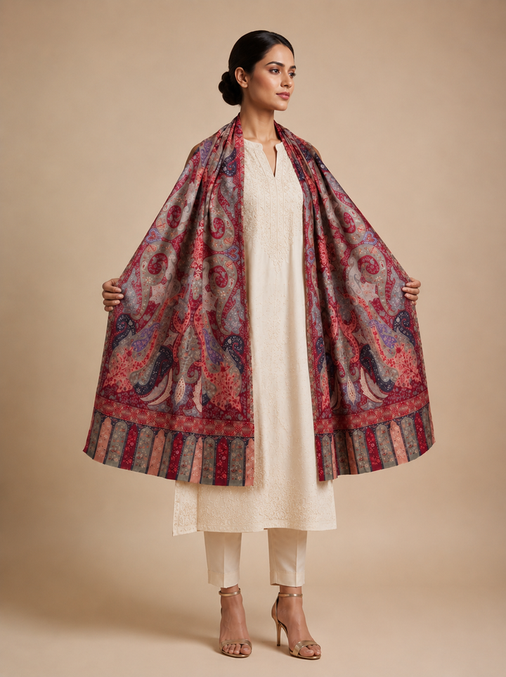 Red Cashmere Wool Shawl with Grand Multicolour Paisley
