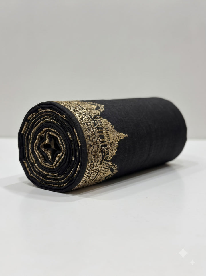 Reversible Gold Black Zari Cashmere Shawl with Ram Mandir