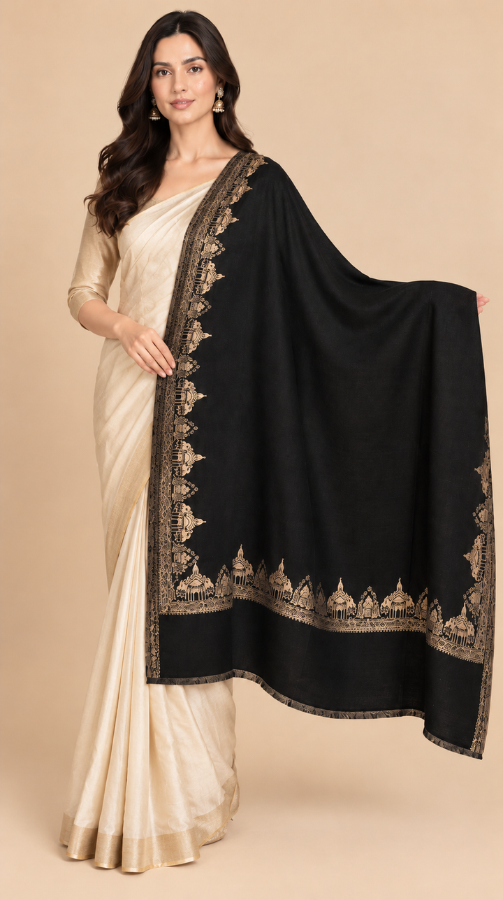 Reversible Gold Black Zari Cashmere Shawl with Ram Mandir