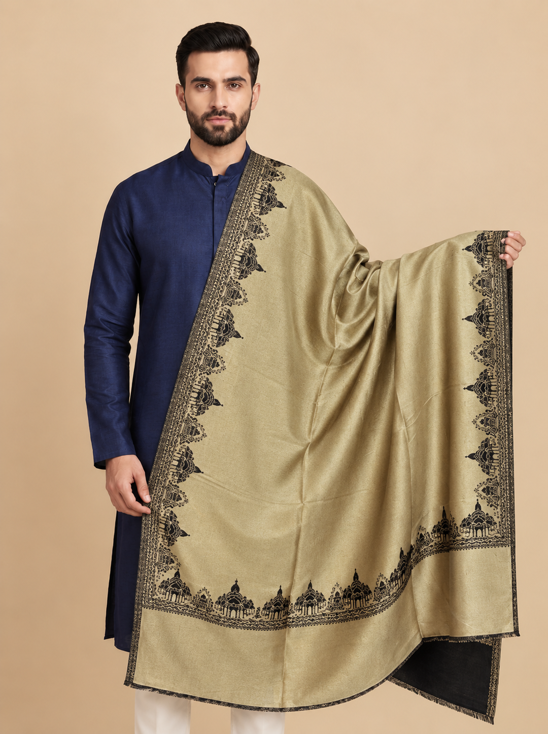 Reversible Gold Black Zari Cashmere Shawl with Ram Mandir