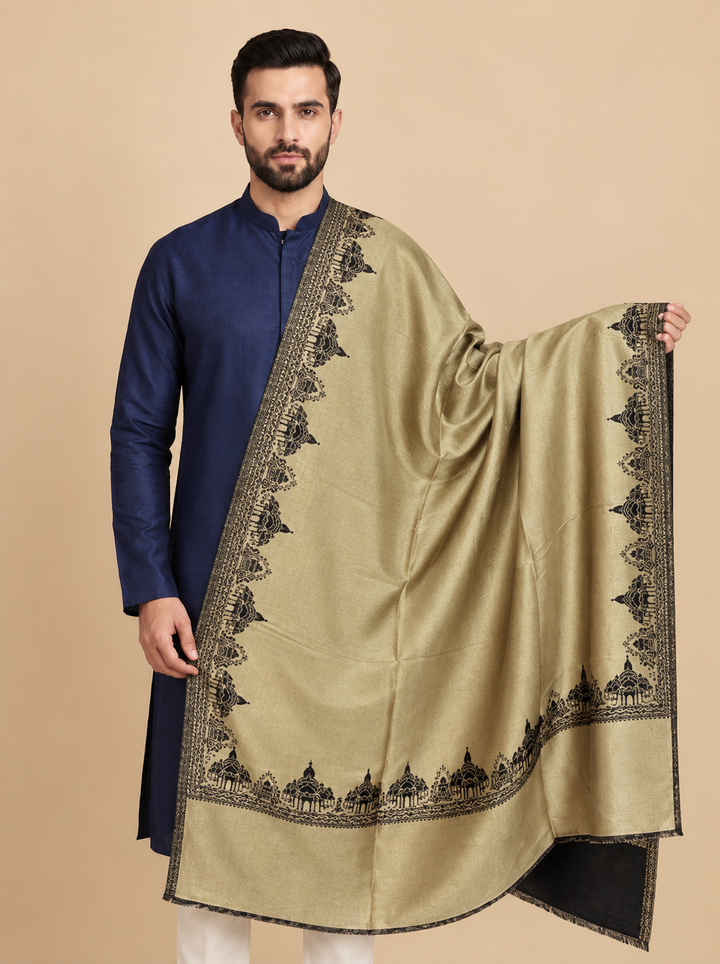 Reversible Gold Black Zari Cashmere Shawl with Ram Mandir