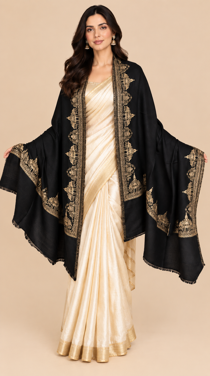 Reversible Gold Black Zari Cashmere Shawl with Ram Mandir