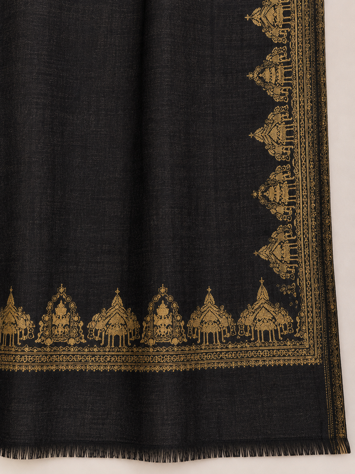 Reversible Gold Black Zari Cashmere Shawl with Ram Mandir