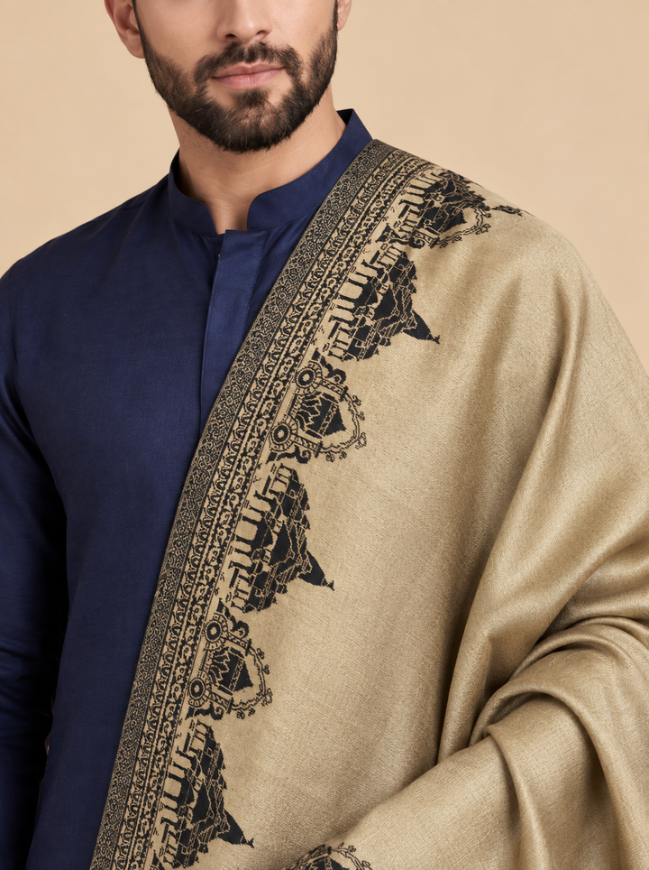 Reversible Gold Black Zari Cashmere Shawl with Ram Mandir