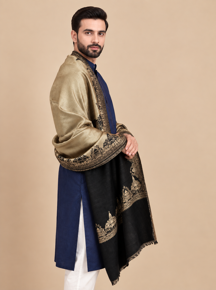 Reversible Gold Black Zari Cashmere Shawl with Ram Mandir