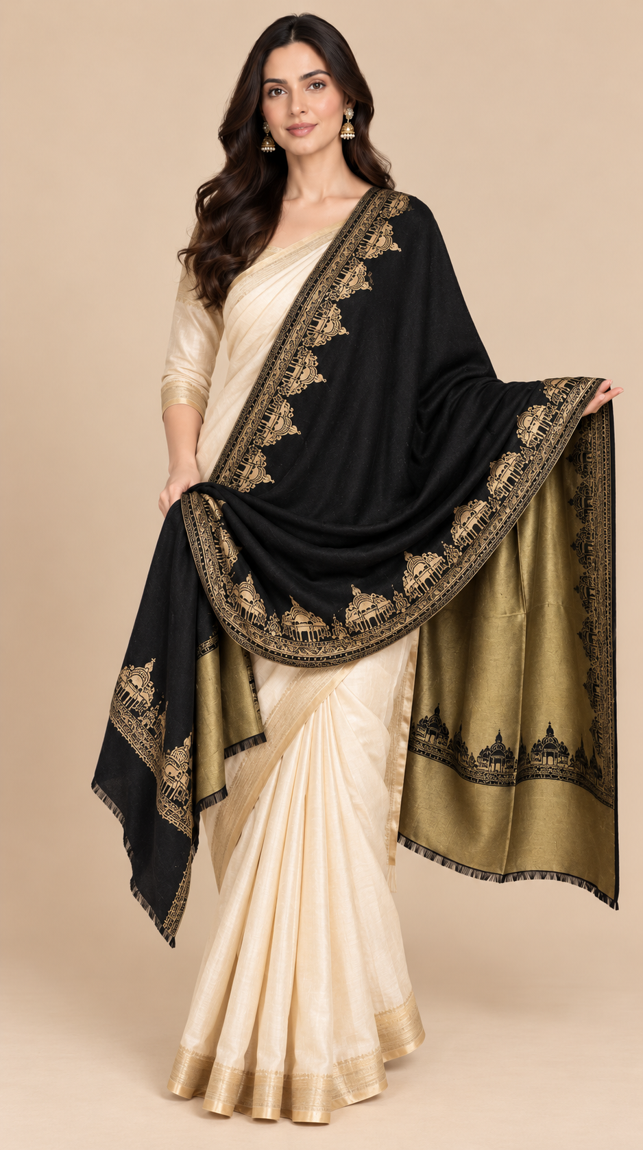 Reversible Gold Black Zari Cashmere Shawl with Ram Mandir
