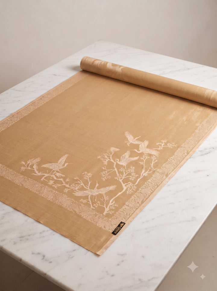 Reversible Beige Gold Zari Cashmere Shawl with Crane Motif