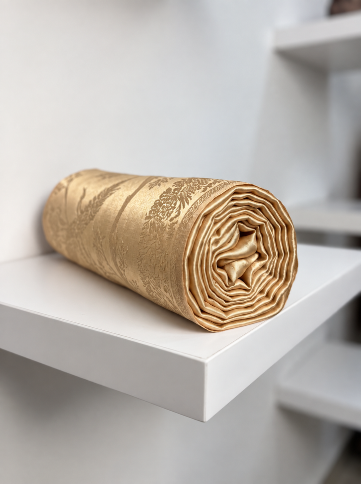 Reversible Beige Gold Zari Cashmere Shawl with Crane Motif